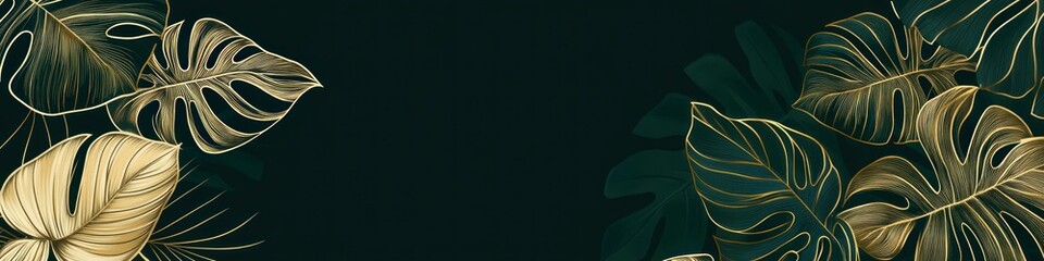 Foliage golden and green tropical palm and monstera leaves. Elegant nature green banner with luxury nature elements.