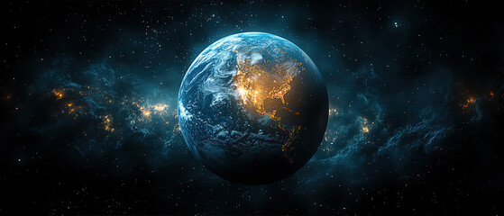 Obraz premium Earth glowing in space, city lights visible, vibrant blue and green, surrounded by stars, dark background
