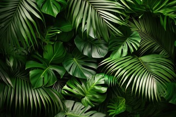 Green tropical background with jungle plants and an exotic pattern featuring palm leaves.