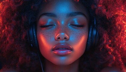 Obraz premium Girl with curly hair, listening to music with headphones