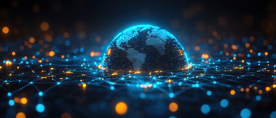 Glowing digital globe, blue network connections, dark background, futuristic technology
