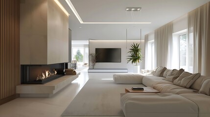 Modern living room with a fireplace and a couch