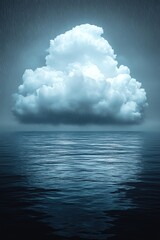 Naklejka premium Lonely cloud raining on a still ocean, dreamlike scene, bluegreen palette, reflective detail