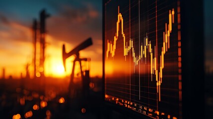 A vibrant sunset casts light on an oil pump with a financial graph indicating market trends in focus, symbolizing economic activity.