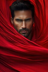 Man in red flowing fabric, dramatic lighting, intense gaze, artistic and bold, high fashion concept