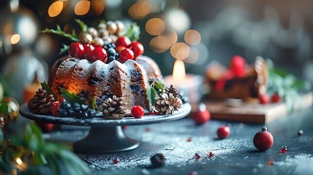 On the marble table blue fruitcake and traditional christmas dessert