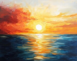 Fototapeta premium Oil painting depicting a sunset over the sea conveying feelings of love and tranquility