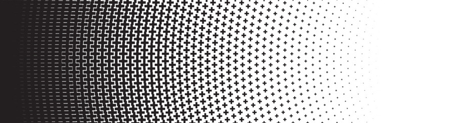 horizontal halftone of black curved plus and cross design for pattern and background.