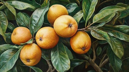 Oil painting of sapodilla fruit growing on a tree in a garden setting