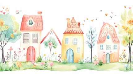 Watercolor illustration of whimsical houses in soft pastel hues surrounded by flowers and trees set against a white backdrop