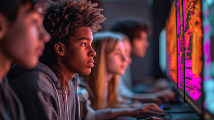 A group of high school students in a computer lab, focused on coding projects