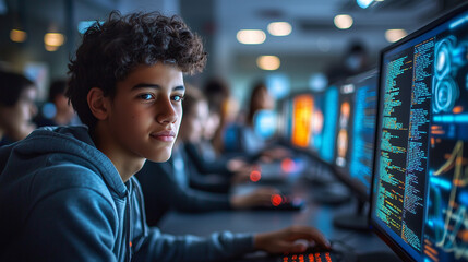 A group of high school students in a computer lab, focused on coding projects