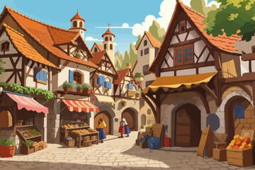 medieval village cartoon illustration