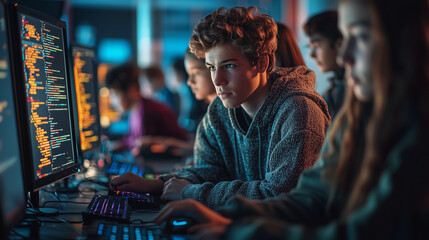 A group of high school students in a computer lab, focused on coding projects