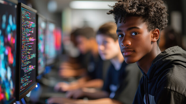 A group of high school students in a computer lab, focused on coding projects