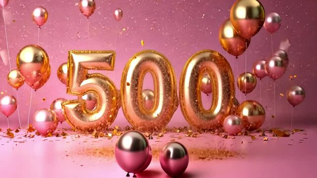 Half thousand followers celebration golden number balloons on pink background. Five hundred Social media achievement poster. 500 followers thank you lettering. Golden sparkling confetti ribbons. Shiny