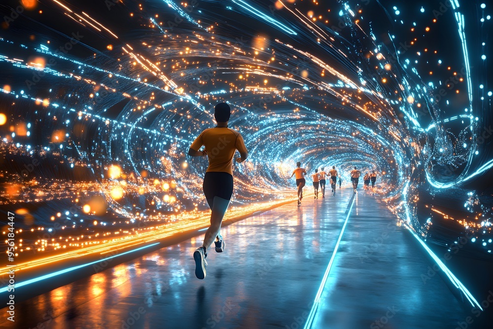 Poster running through a neon tunnel of light.
