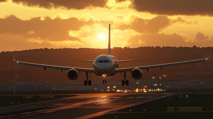 passenger aircraft landing at night on runnway