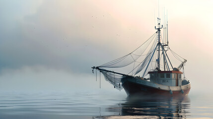 Fototapeta premium Fishing Boat Casting Nets in Early Morning Mist