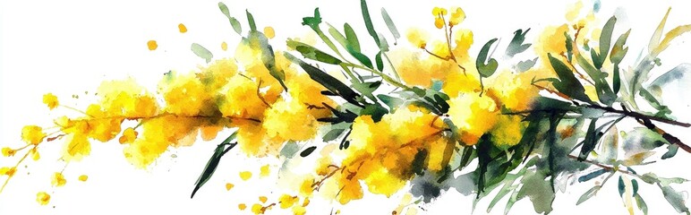 Yellow mimosa bouquet Watercolor floral composition Greeting card design with yellow flowers