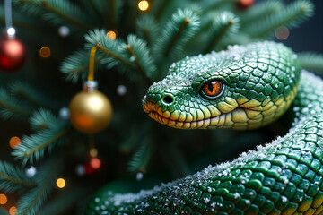 Fototapeta premium Close-up of a green snake wrapped around a Christmas tree, with festive decorations such as ornaments and a gold ball visible in the background.