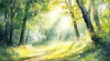 Obraz premium Watercolor vertical oil painting depicting a sunny spring or summer scene with trees in a forest park showcasing modern landscape artistry