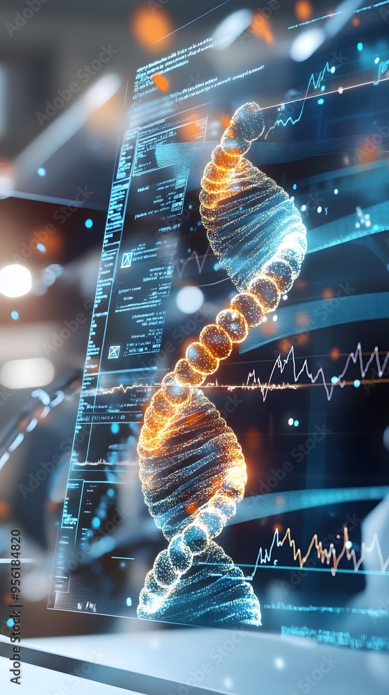 Poster dna double helix on a computer screen.