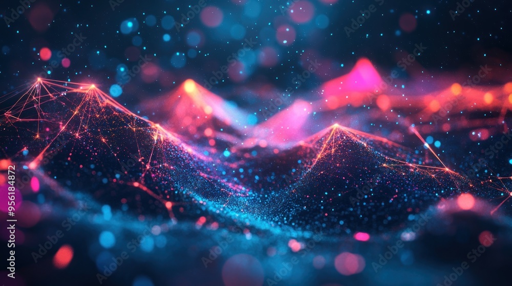 Poster abstract digital landscape with glowing lines and bokeh