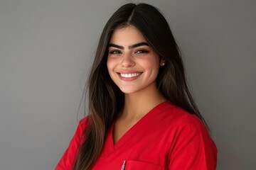 Obraz premium Portrait of a Smiling Woman in a Red Scrubs Top