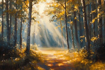 Fototapeta premium Sunlight streams through trees in a morning forest illuminating the scene with warm golden rays in this captivating oil painting