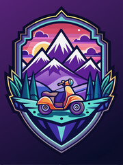 Orange Scooter in Mountainous Landscape with Sunset Sky