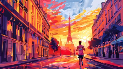 Obraz premium A marathoner running through the streets of Paris, with Parisian landmarks in the distance, illustrated in vibrant vector style.