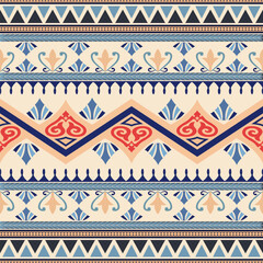 Seamless textile pattern design features ancient art motifs and scrolling patterns with a yellow background. Digitally graphic design for print on fabric, clothing, skirts, sleeves, and carpets.