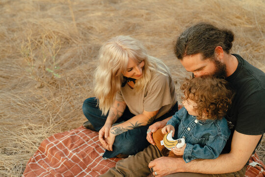 parents and child having a picinic in a grassy field