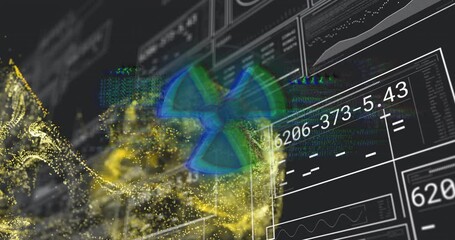 Radiation hazard symbol and numerical data processing animation over digital interface - Powered by Adobe