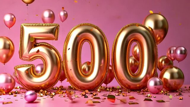 Half thousand followers celebration golden number balloons on pink background. Five hundred Social media achievement poster. 500 followers thank you lettering. Golden sparkling confetti ribbons. Shiny