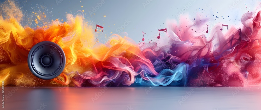 Poster abstract music speaker with colorful smoke. a speaker surrounded by colorful smoke with music notes 