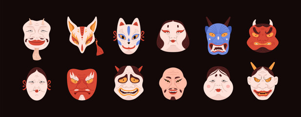 Set of different kabuki masks or makeup flat style, vector illustration