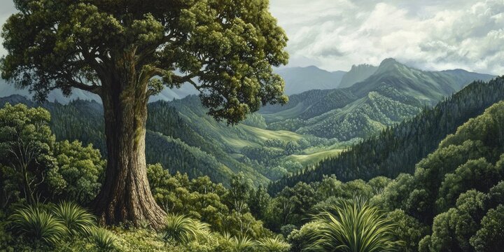 Oil painting depicting a kauri tree surrounded by lush forest scenery