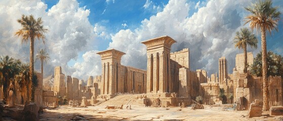 Obraz premium Oil painting depicting a remarkable ancient site showcasing its architectural beauty and historical significance as a wonder of the world