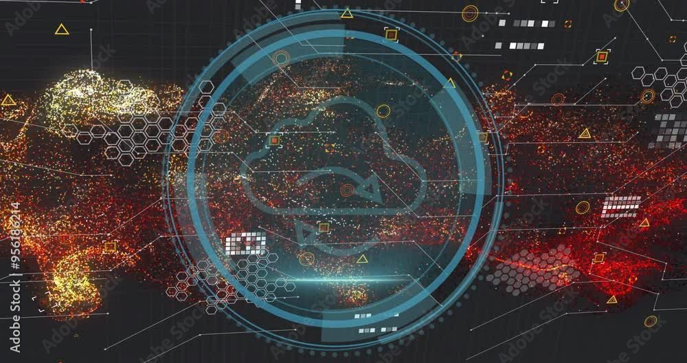 Poster cloud computing and data processing animation over digital network background
