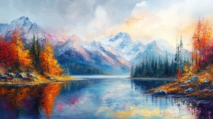 Oil painting depicting a stunning evening panorama of a tranquil lake showcasing a picturesque autumn sunset in the alpine landscape Captivating beauty of nature concept