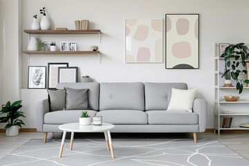 Obraz premium Modern living room design featuring a grey sofa, shelves, coffee table, and artwork.