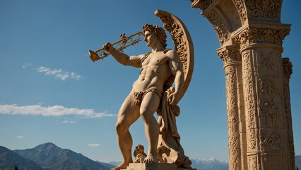 Obraz premium A statue of Apollo raising a lyre, with intricately carved strings, set against a backdrop of a clear blue sky and distant mountains.