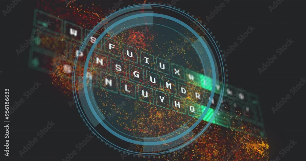 Poster digital code decryption animation over colorful particles and circular interface