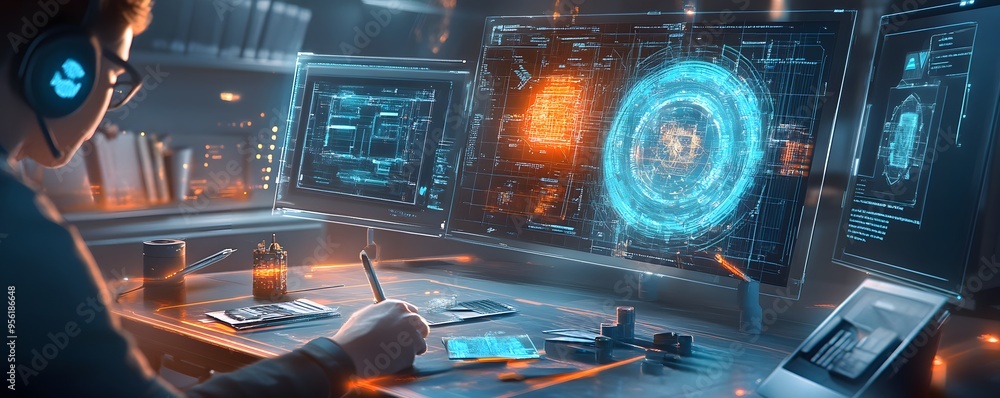 Poster programmer working on futuristic technology in a dark room.