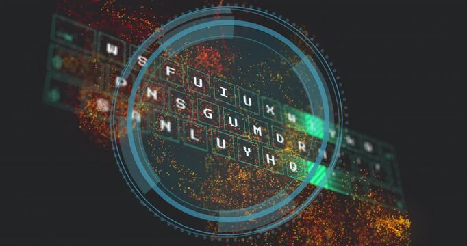 Digital code decryption animation over colorful particles and circular interface