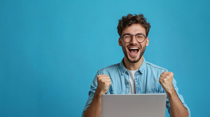 A happy smilling man with glasses and a laptop celebrating his success. Generative Ai