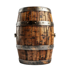 Fototapeta premium Rustic wooden barrel with metal bands, ideal for storage or decorative purposes, exuding vintage charm and authenticity.