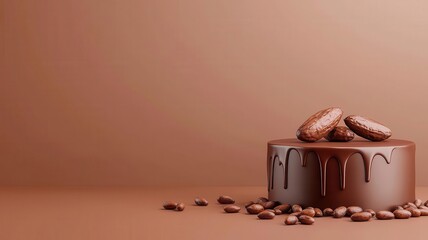 3d Mock up Chocolate brown podium with cocoa beans and dripping chocolate Pedestal stage for...